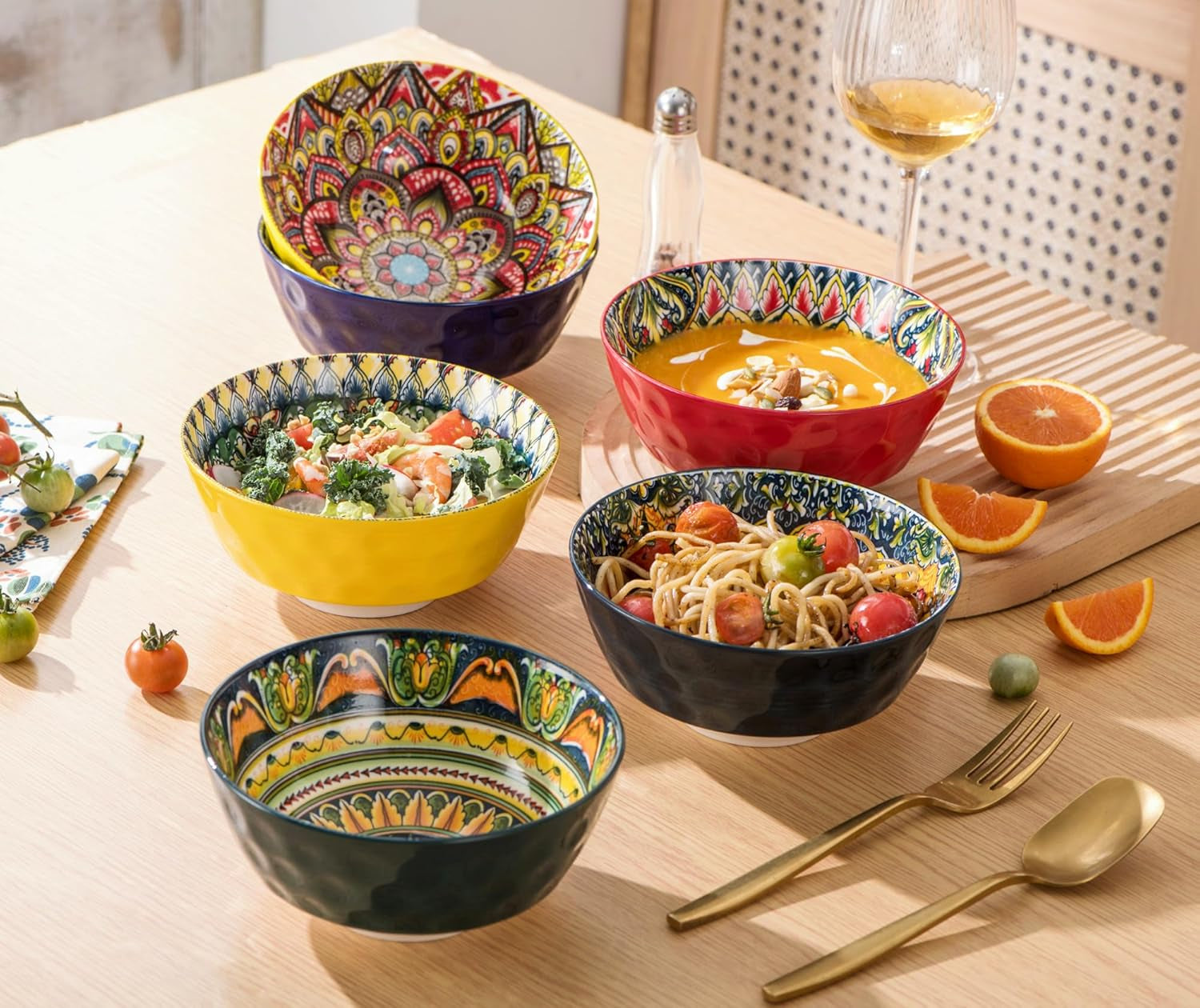 Cereal Bowls, Bowls Set of 6-25 OZ, Porcelain Bowl for Cereal/Soup/Noodles/Poke/Pho/Fruit, Boho Dishes - Vibrant Colours Soup Plates