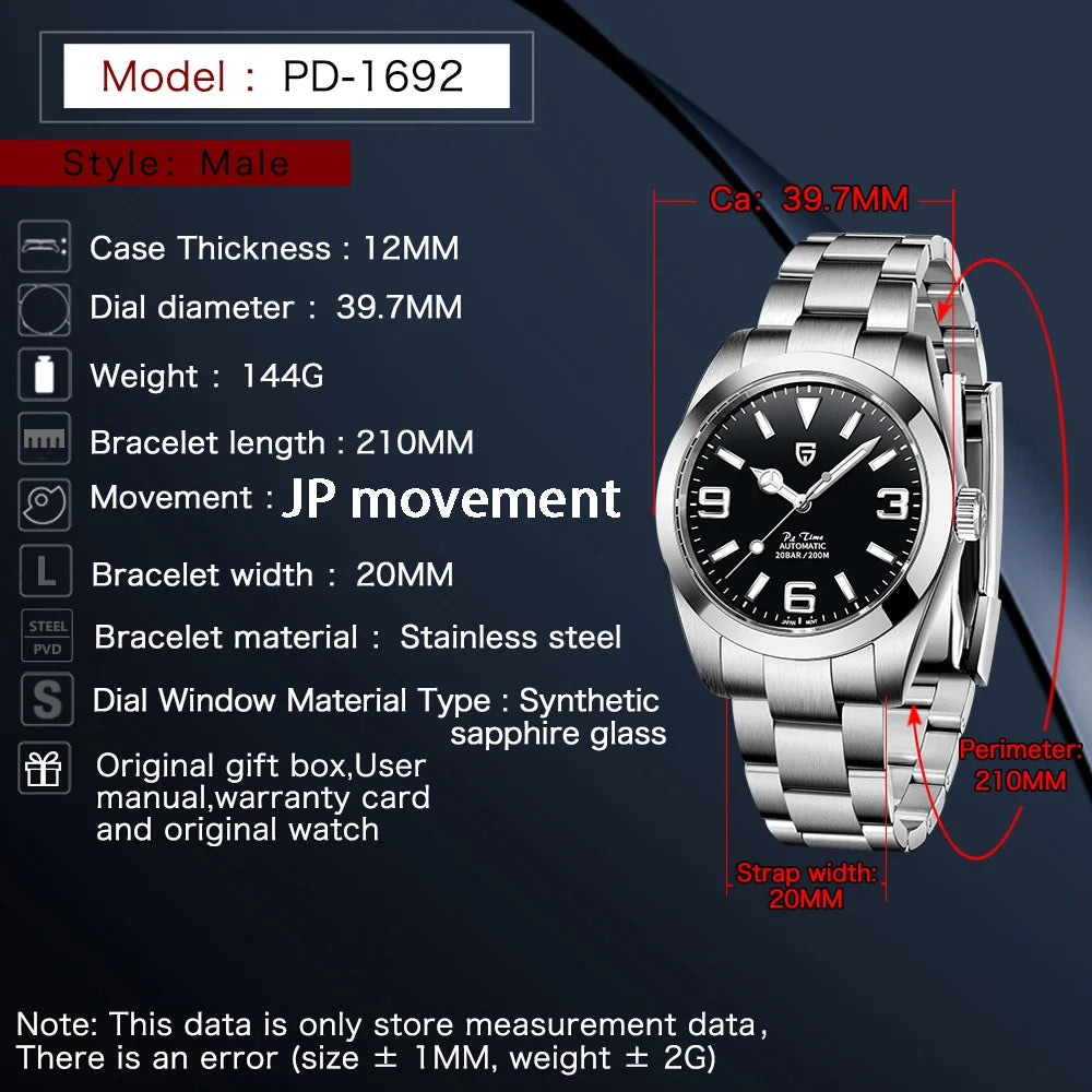 PD-1692V2 Men'S Automatic Watch 40MM Stainless Steel Mechanical Watch Sapphire AR Coating 200M Waterproof Watch