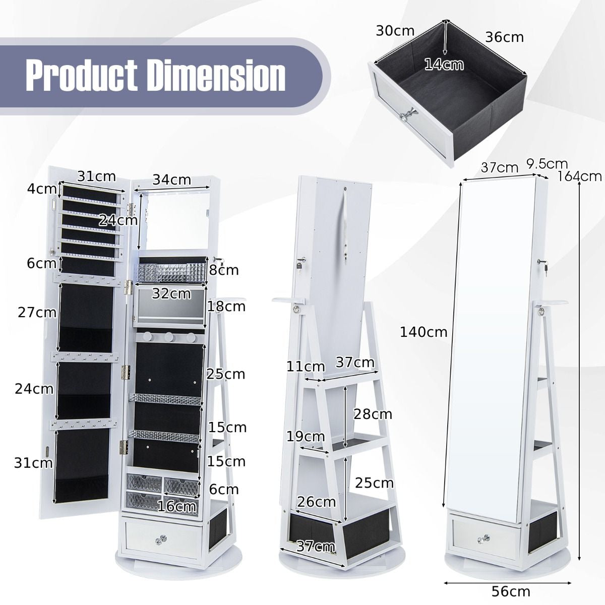 Lockable 360-Degree Rotating Jewelry Armoire with Full-Length Mirror