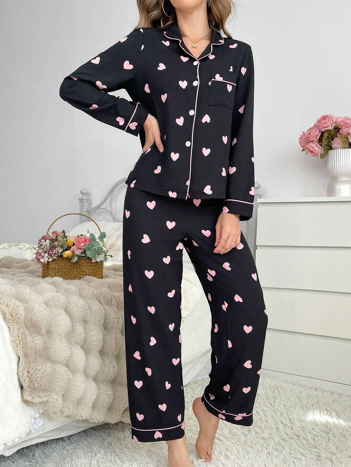Contrast Color Trim Collared Cardigan & Heart Bubble Wrinkled Women Pajama Set