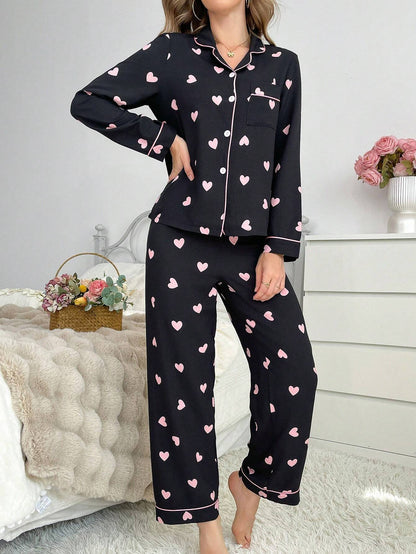 Contrast Color Trim Collared Cardigan & Heart Bubble Wrinkled Women Pajama Set