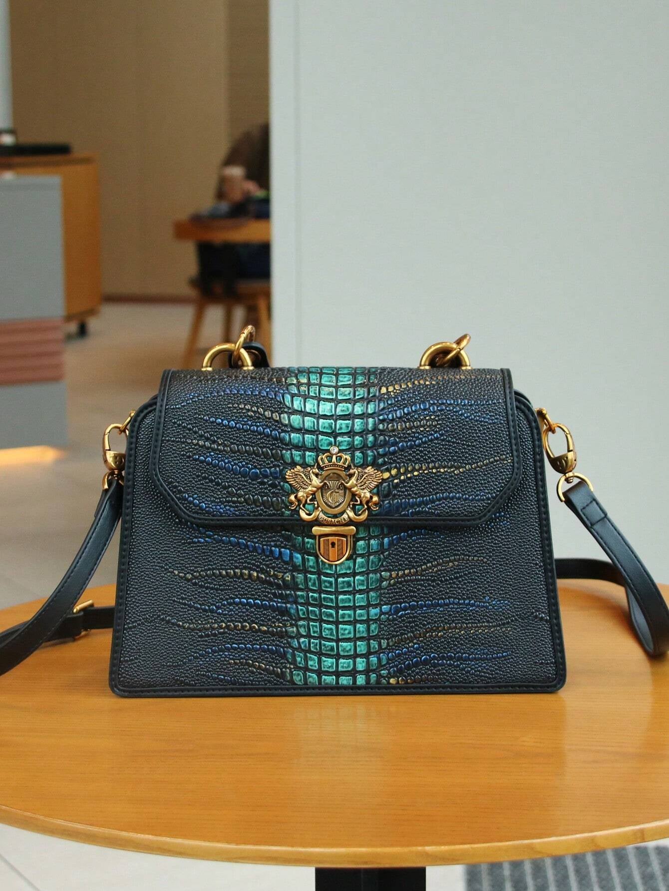 Luxury Custom 2025 New Vintage Women'S Handbag, Fashion Elaborate Luxurious Blue & Gold Snake Print Lock Ornament Tote Bag, Mature Style Shoulder & Crossbody Bag, Detachable Handle