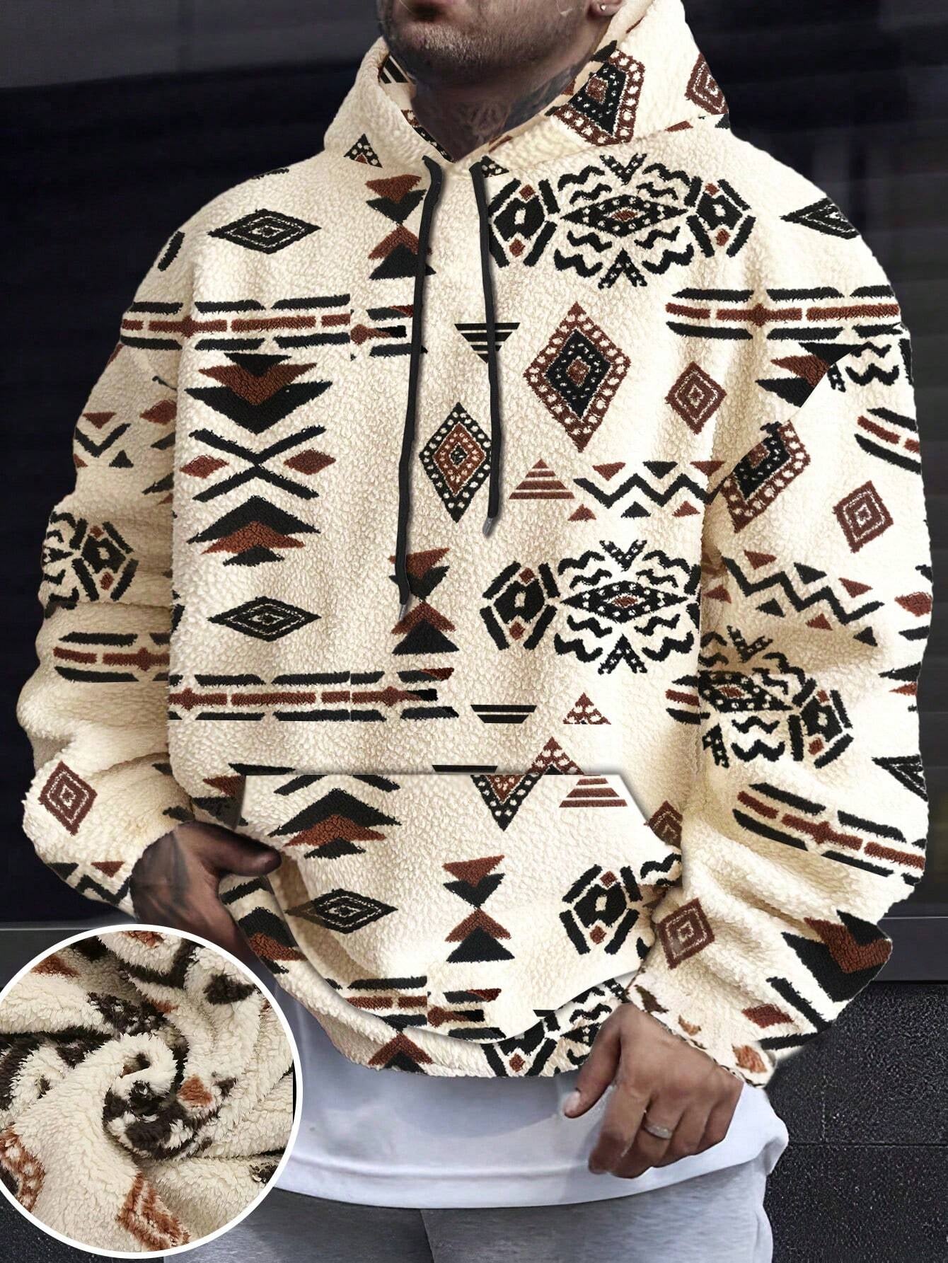 Men'S Totem Print Hooded Sherpa Fleece Sweatshirt