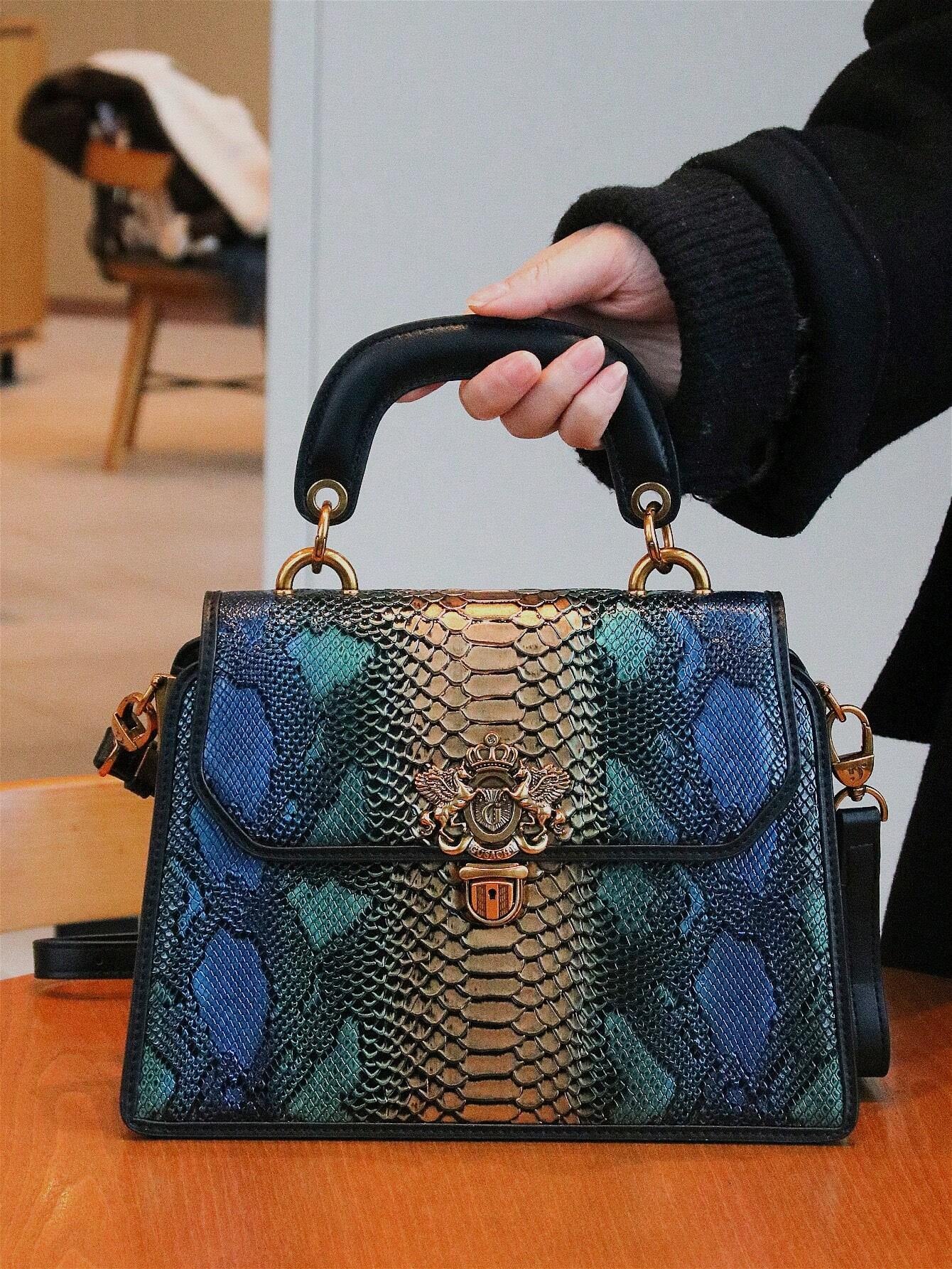 Luxury Custom 2025 New Vintage Women'S Handbag, Fashion Elaborate Luxurious Blue & Gold Snake Print Lock Ornament Tote Bag, Mature Style Shoulder & Crossbody Bag, Detachable Handle