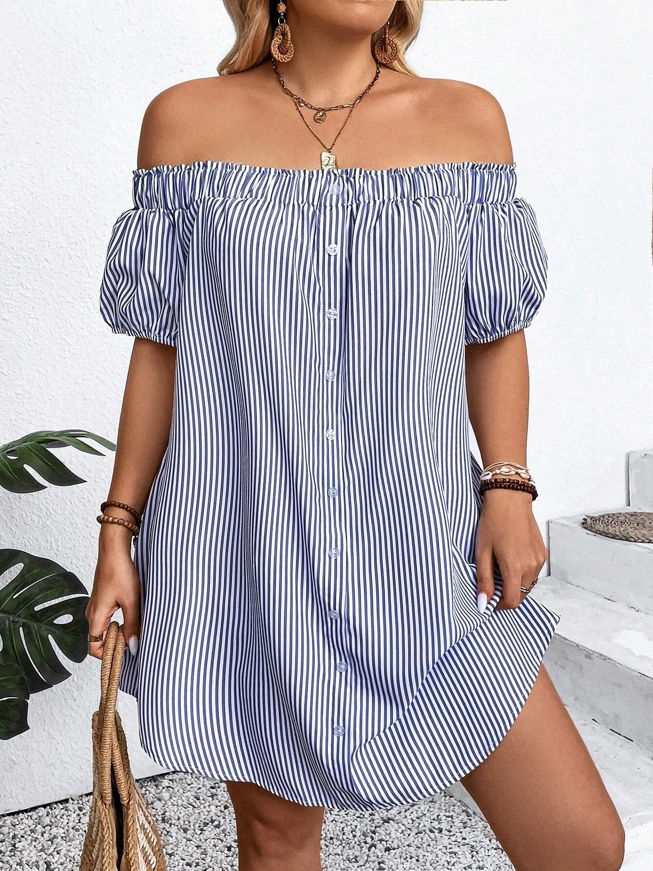 LUNE plus Size Holiday Casual Striped off Shoulder Dress, for Summer