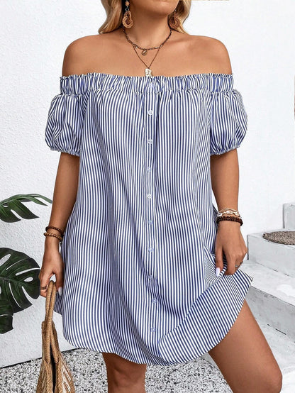 LUNE plus Size Holiday Casual Striped off Shoulder Dress, for Summer