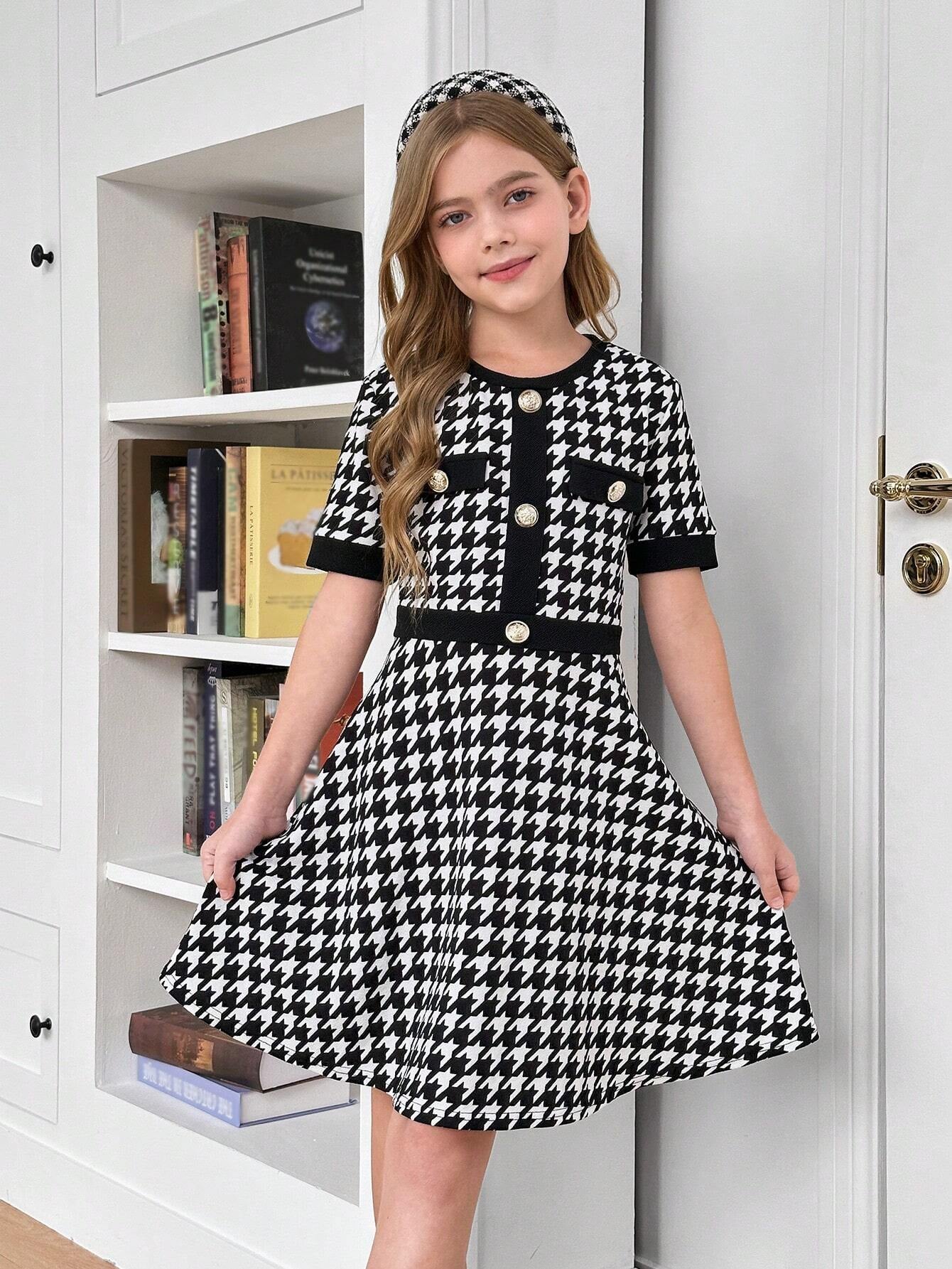 Tween Girls' Houndstooth Print Patchwork A-Line Dress with Button Detail, Elegant Schoolgirl Style for Back to School and Casual Wear