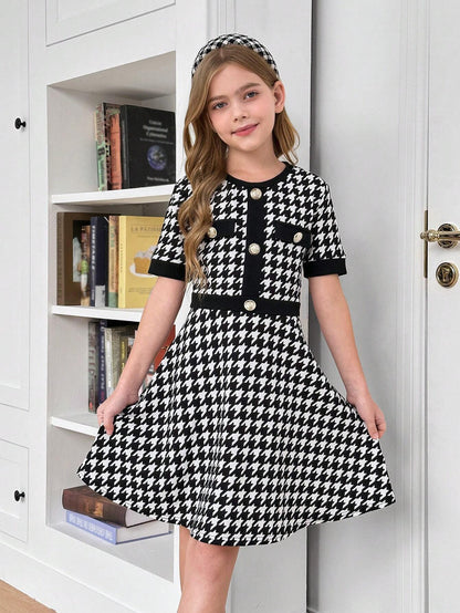 Tween Girls' Houndstooth Print Patchwork A-Line Dress with Button Detail, Elegant Schoolgirl Style for Back to School and Casual Wear