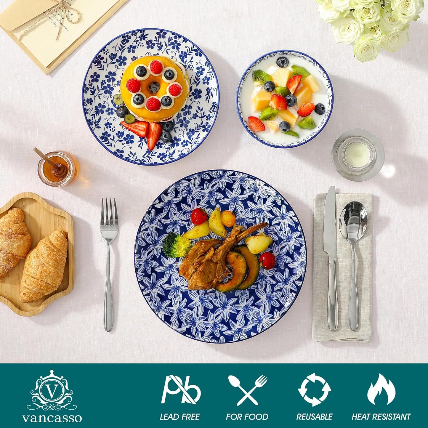 Selene Dinner Sets for 6 People, 18 Pieces Vintage Blue Porcelain Plates and Bowls Set Kitchen Crockery Set Dinnerware Sets, Mircowave and Dishwasher Safe Dishes Set