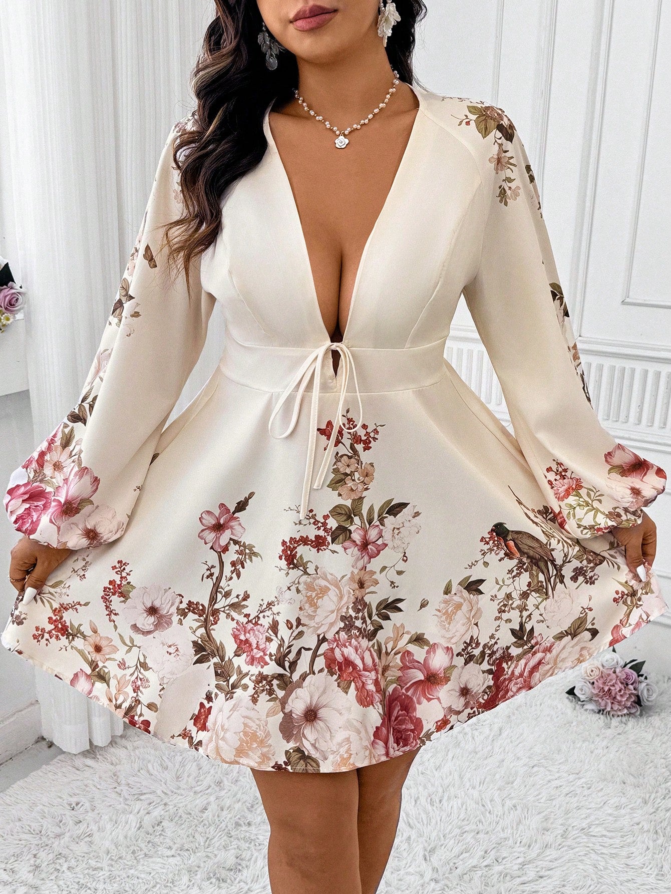 Celure Plus Size Women's Floral Print Deep V-Neck Dress for Easter Celebrations