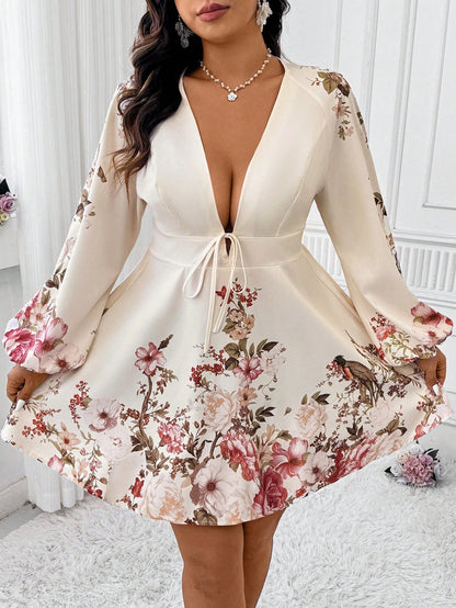 Celure Plus Size Women's Floral Print Deep V-Neck Dress for Easter Celebrations