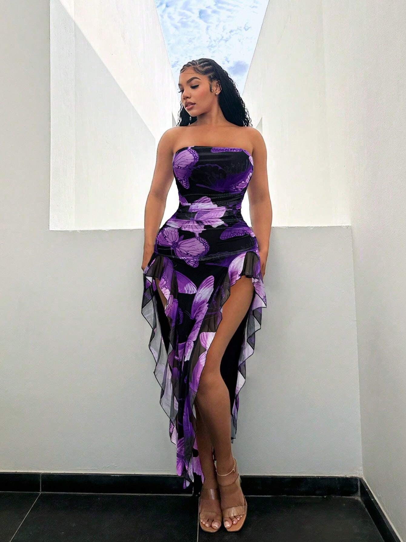 SXY Summer Butterfly Print Flared High-Low Bandeau Bodycon Dress