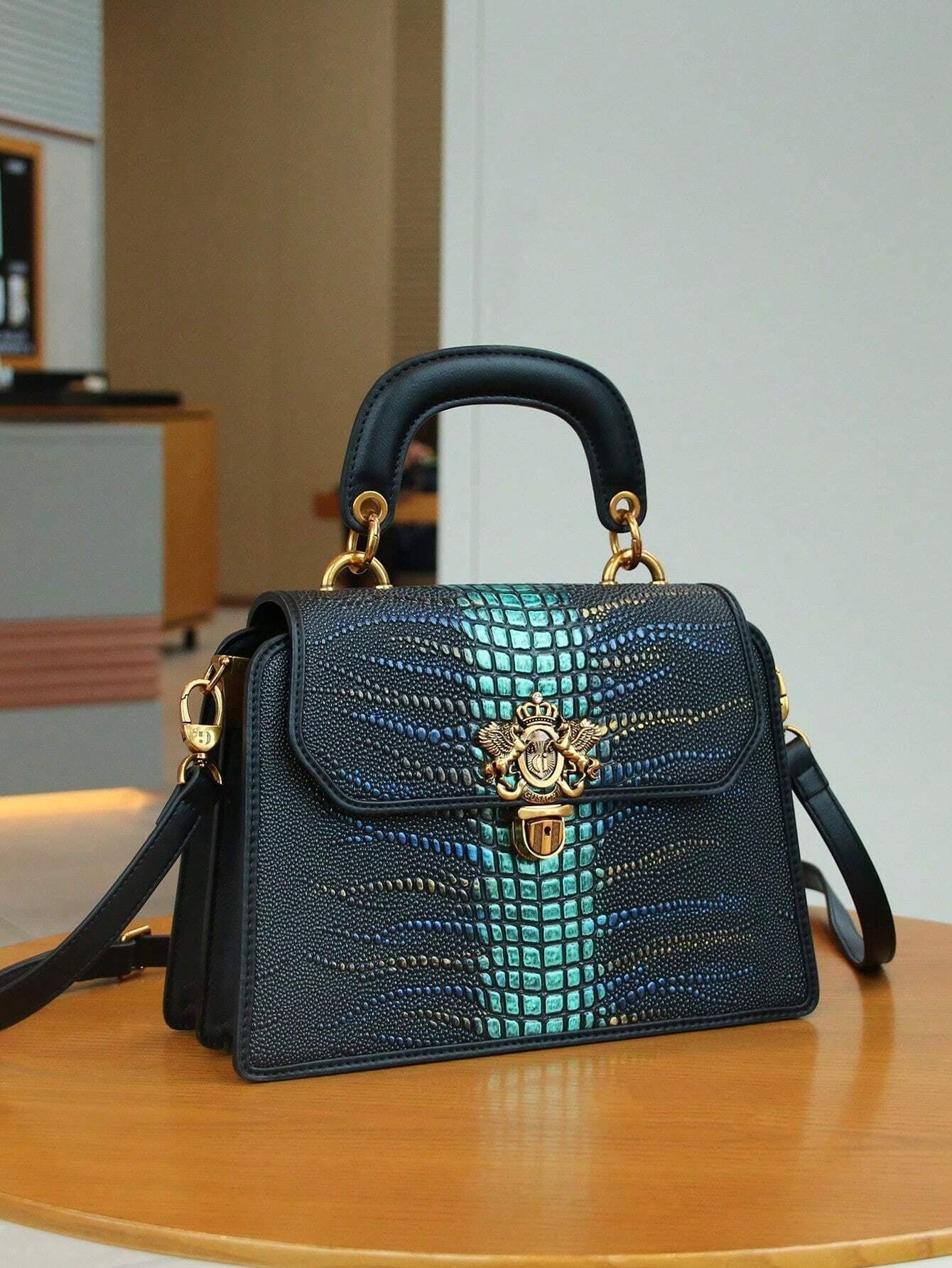 Luxury Custom 2025 New Vintage Women'S Handbag, Fashion Elaborate Luxurious Blue & Gold Snake Print Lock Ornament Tote Bag, Mature Style Shoulder & Crossbody Bag, Detachable Handle