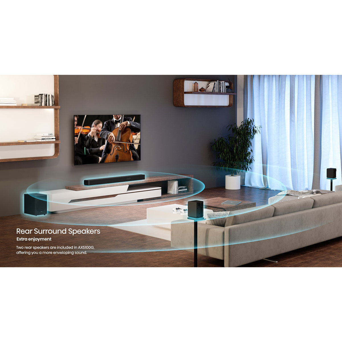 AX5100G Premium 5.1 Channel Soundbar System with Wireless Subwoofer and Dual Rear Speakers for an Immersive Audio Experience