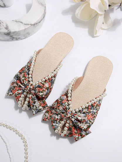 Women'S Student Back-To-School Season Full-Print Faux Pearl Design Bow Flat Sandals Outdoor Fashion Wedding Work School Dormitory Vacation Travel Beach Can Be Worn