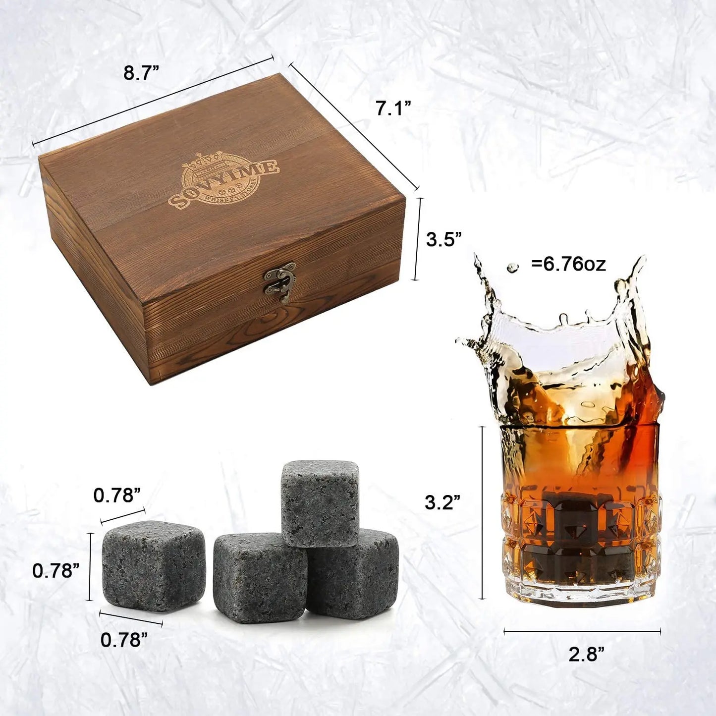 Whisky Stones Glasses Gift Set,Velvet Bag for Drinking Scottish Whiskey or Gin, Wooden Box Present for Christmas/Birthday