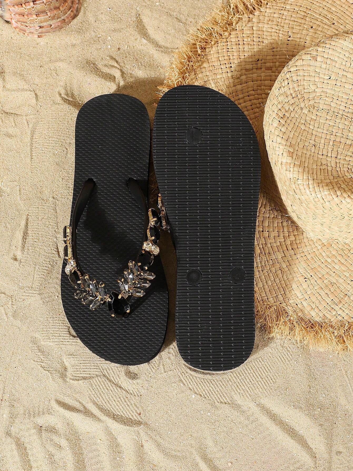 Fashionable Flip Flops for Women, Gemstone Decor Slippers