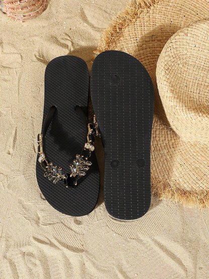 Fashionable Flip Flops for Women, Gemstone Decor Slippers