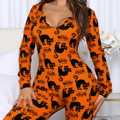 Halloween Printed Jumpsuit Long Sleeve Home Pajamas Casual Trousers Women'S Cos Clothing