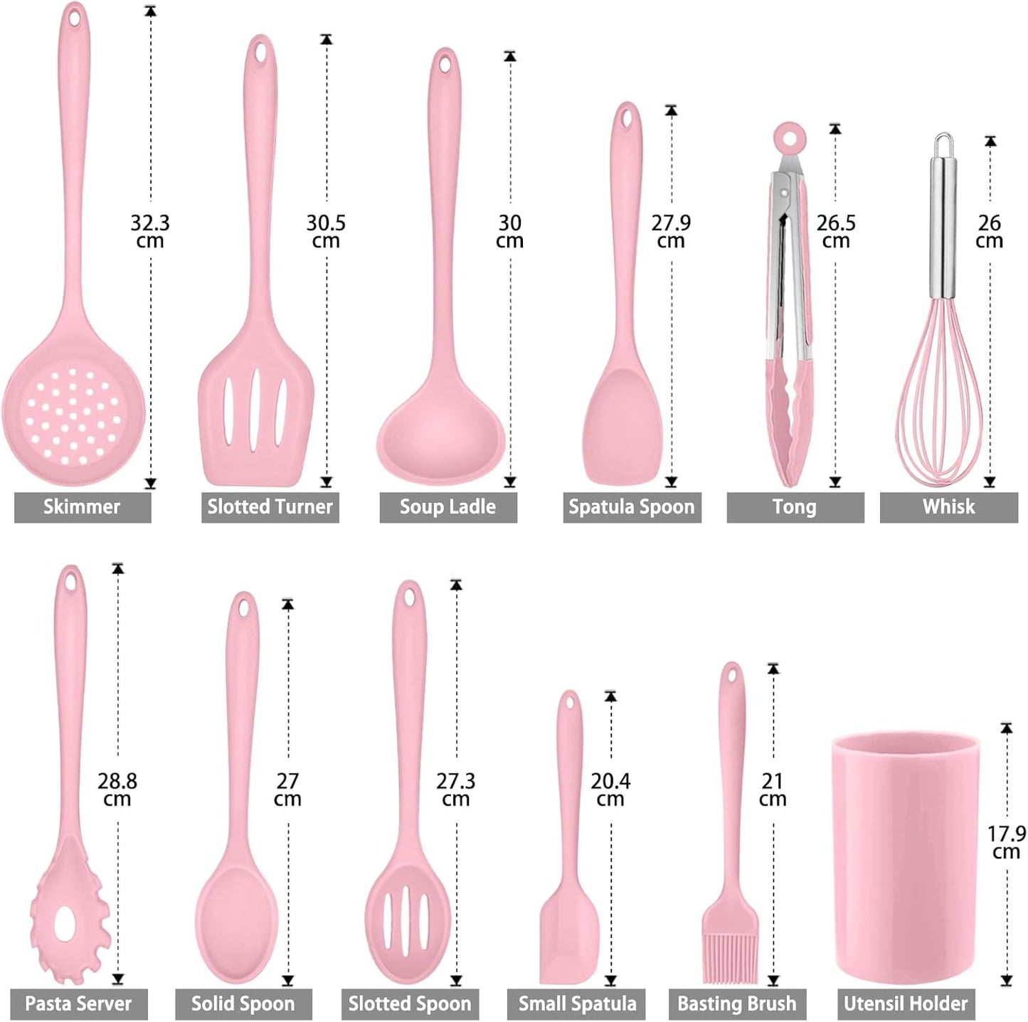 Silicone Kitchen Utensil Set,  12 Piece Cooking Utensils with Holder, Heat Resistant Kitchen Tools Spatulas Set for Cooking Baking Mixing, Safe for Non Stick Cookware - Pink