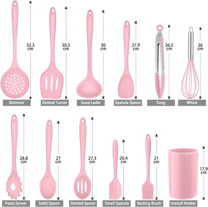 Silicone Kitchen Utensil Set,  12 Piece Cooking Utensils with Holder, Heat Resistant Kitchen Tools Spatulas Set for Cooking Baking Mixing, Safe for Non Stick Cookware - Pink