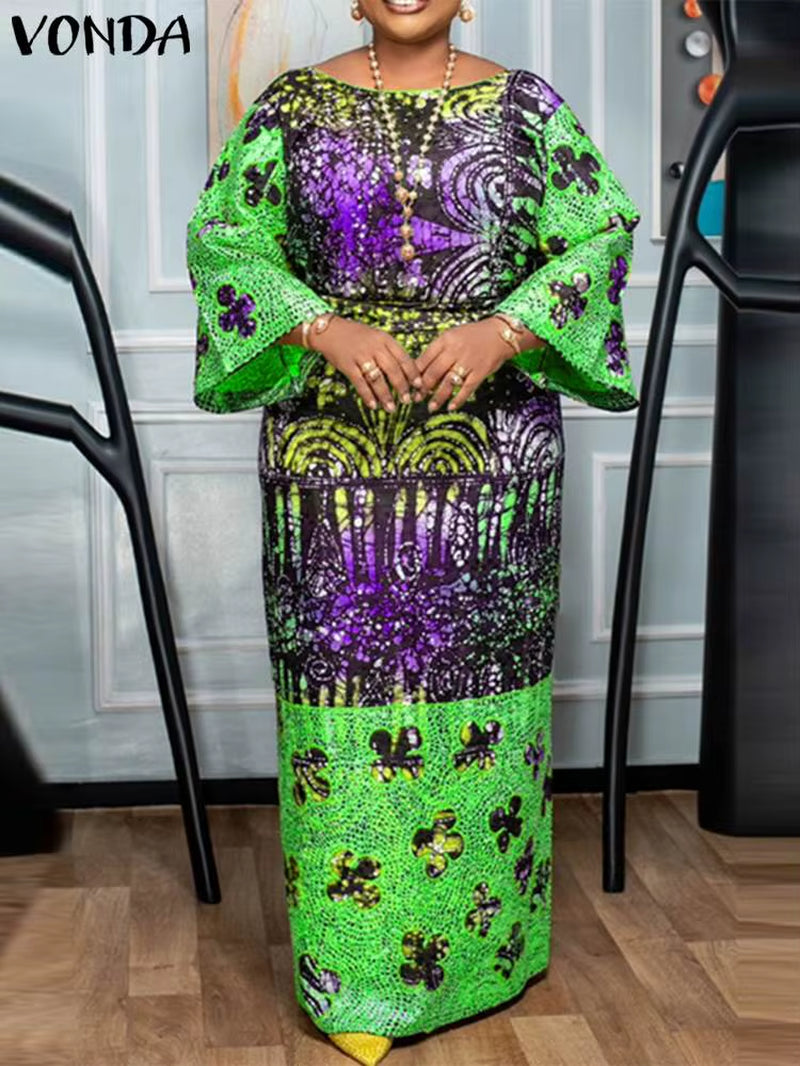 Women Long Maxi Dress Bohemian Printed Vestidos 2024 Vintage Crew Neck Flare Sleeve Party Vestidos Casual Loose Sundress