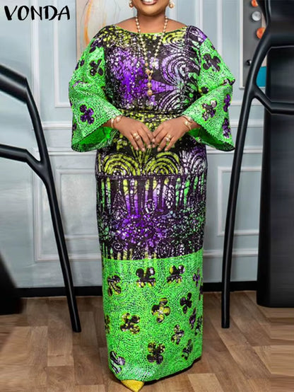 Women Long Maxi Dress Bohemian Printed Vestidos 2024 Vintage Crew Neck Flare Sleeve Party Vestidos Casual Loose Sundress
