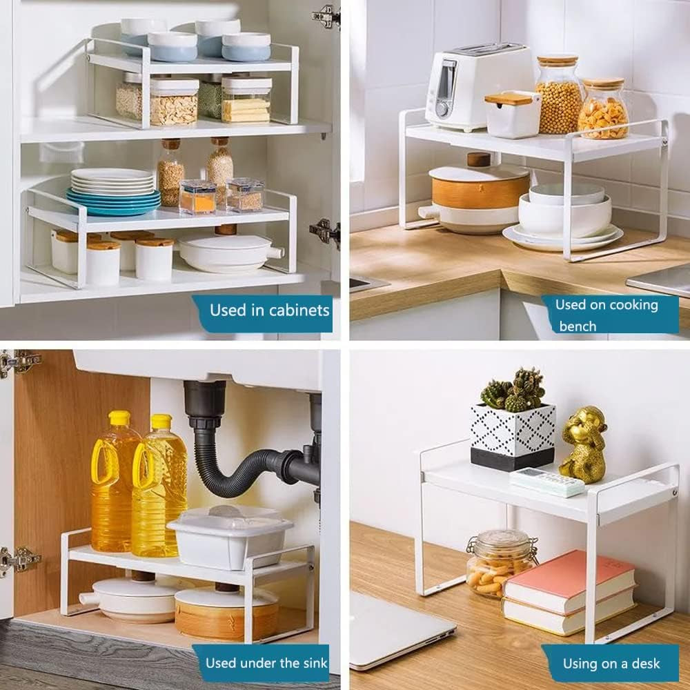 Shelf Insert, Kitchen Cupboard Organiser with Non-Slip Mat, Kitchen Cabinet Insert, for Kitchen/Bathroom/Table Top/Sideboard (White)