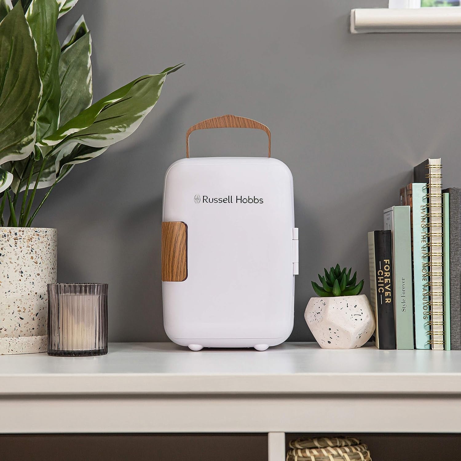 RH4CLR1001SCW 4L/6 Can Mini Portable Cooler & Warmer for Drinks, Cosmetics/Makeup/Skincare, AC/DC Power, Scandi Style, White & Wood Effect, for Bedroom, Home, Caravan, Car