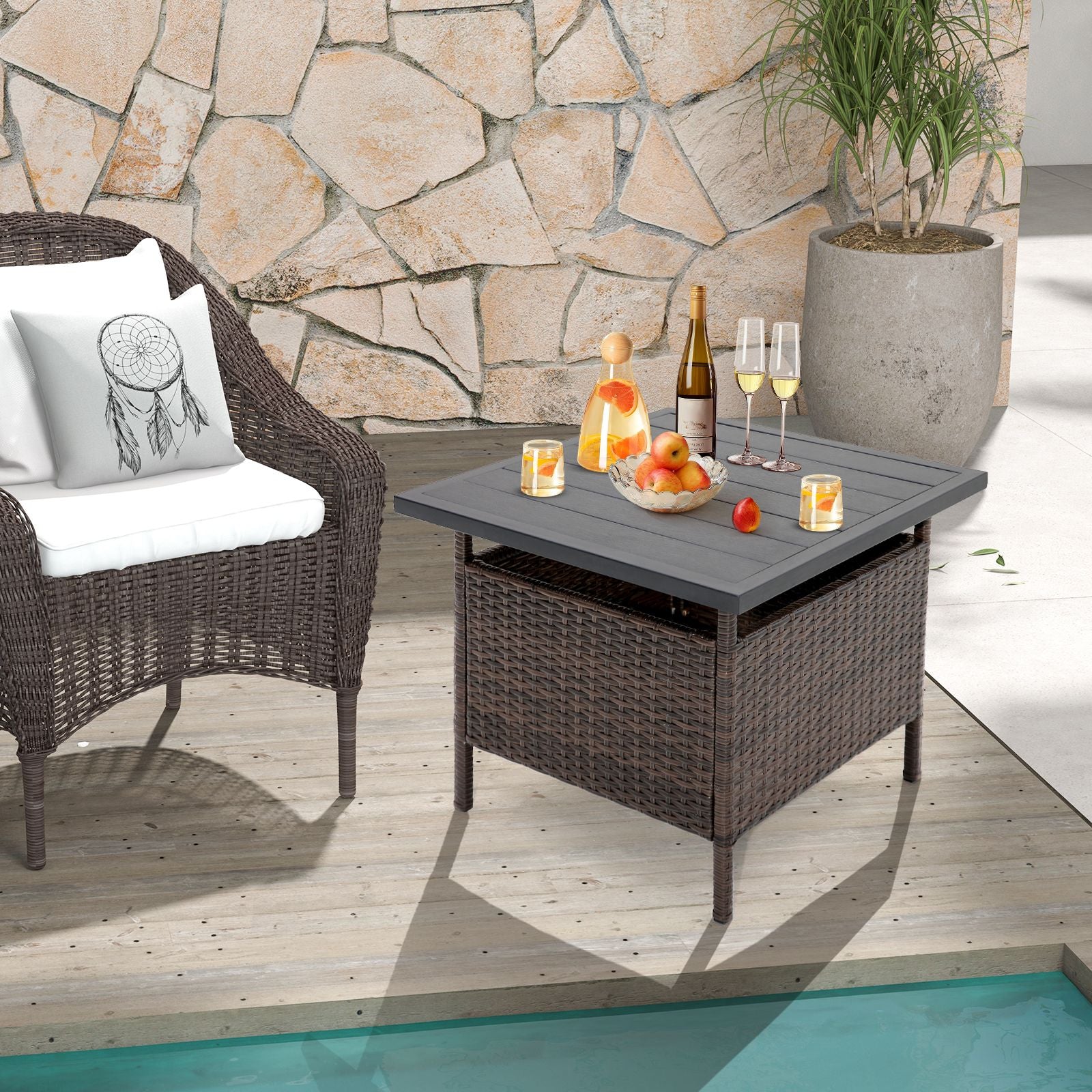 55 cm Square Wicker Patio Side Table with Umbrella Hole