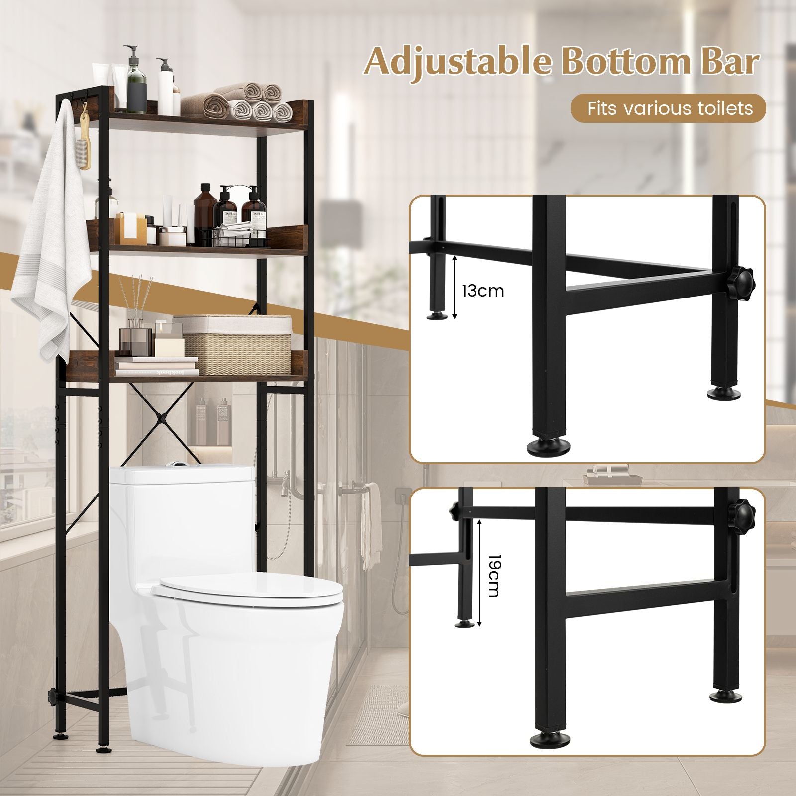 Three-Tier Over-the-Toilet Storage Rack with Four Hooks and Adjustable Base Bar