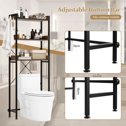 Three-Tier Over-the-Toilet Storage Rack with Four Hooks and Adjustable Base Bar