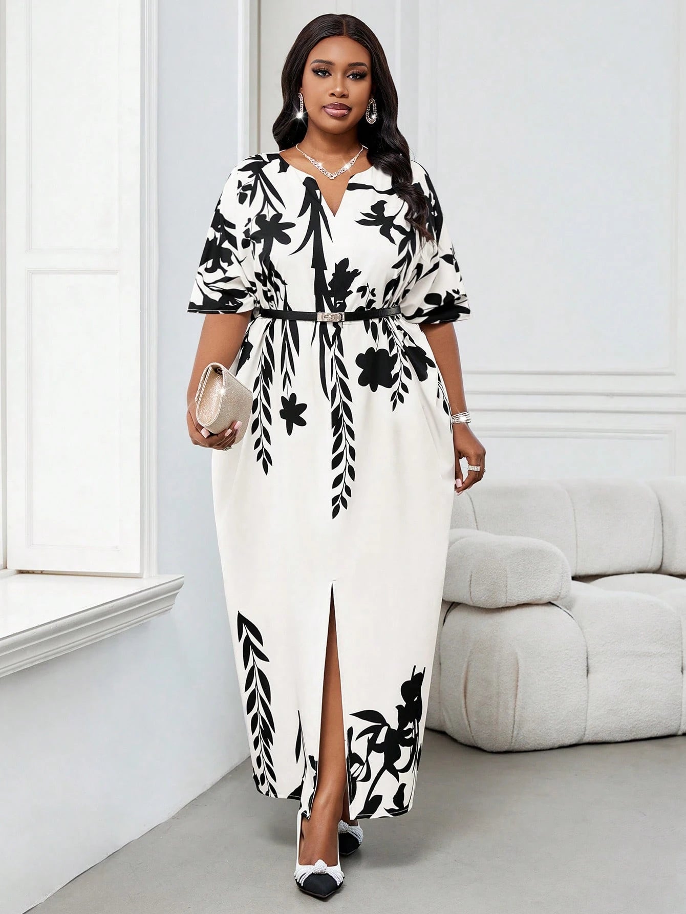 Elegant Plus Size Black and White Woven Flounce Collar Ball Gown with Belted Long Sleeves for Autumn and Winter Work Office, Vacation, and Summer Outfits