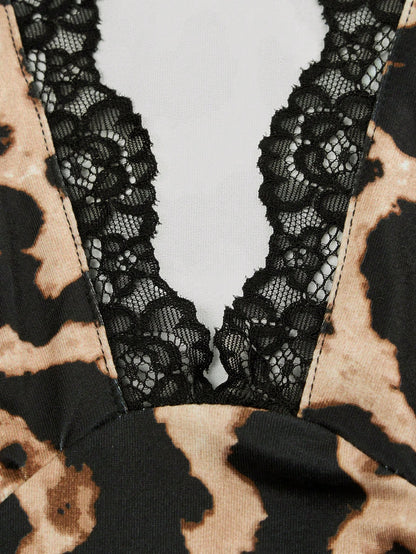 SOLERSUN Women'S Contrast Lace Leopard Print Deep V Sleeveless Wide Leg Jumpsuit, Elegant for Commuting and Casual Dating, Sexy & Romantic, Spring/Summer