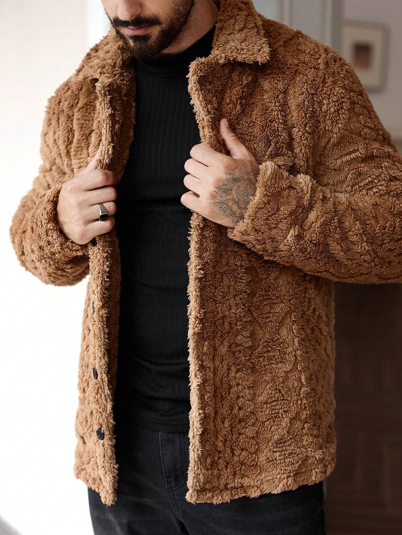 Manfinity Homme Men'S Casual Solid Color Fuzzy Jacket for Autumn/Winter ,Men Flannel,Winter Men Jacket, Going Out Warm Long Sleeve Jacket, for Friends, Husband, Boyfriend Gifts