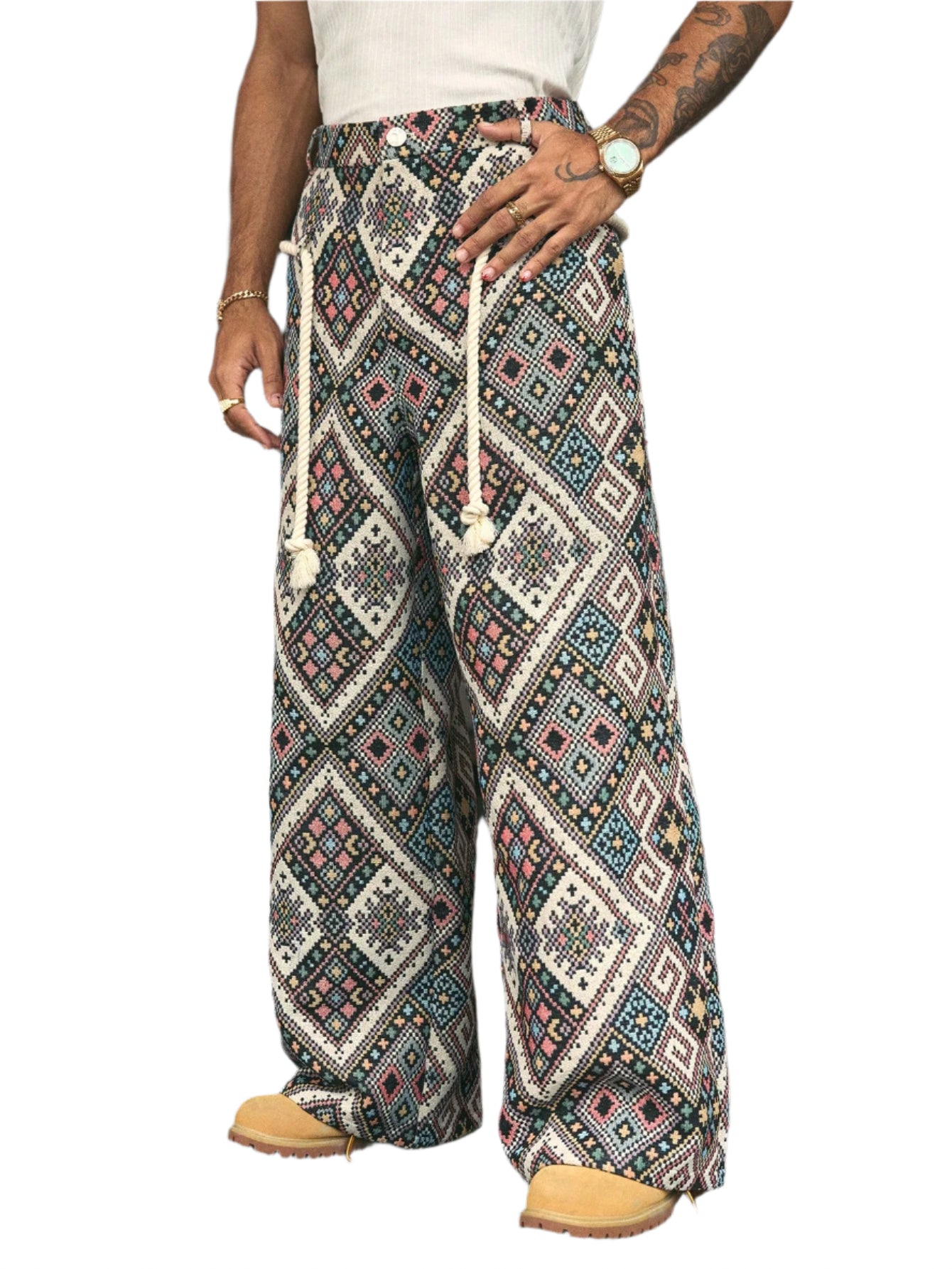 AXEPEAK Men'S Geometric Print Drawstring Waist Casual Pants, Vacation Style, Streetwear Ready