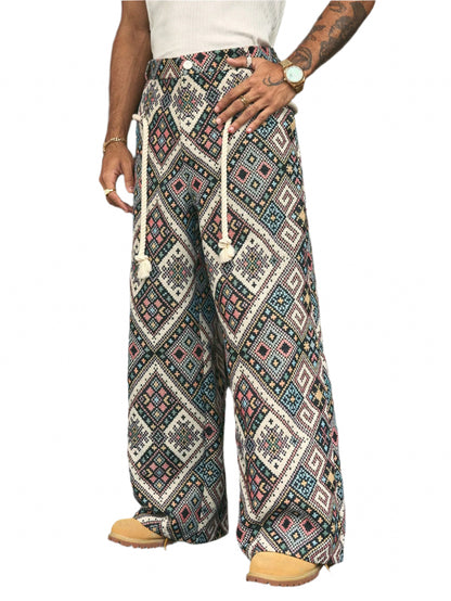 AXEPEAK Men'S Geometric Print Drawstring Waist Casual Pants, Vacation Style, Streetwear Ready