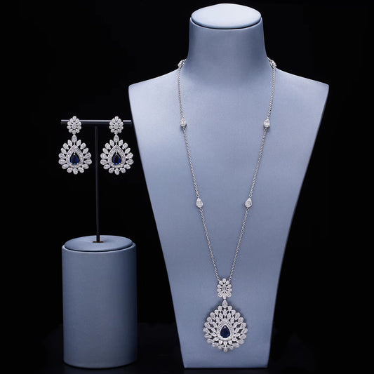 Saudi Dubai Long Chain Necklace Set for Women Luxury Cubic Zirconia Bridal Jewelry Set Wedding Accessories