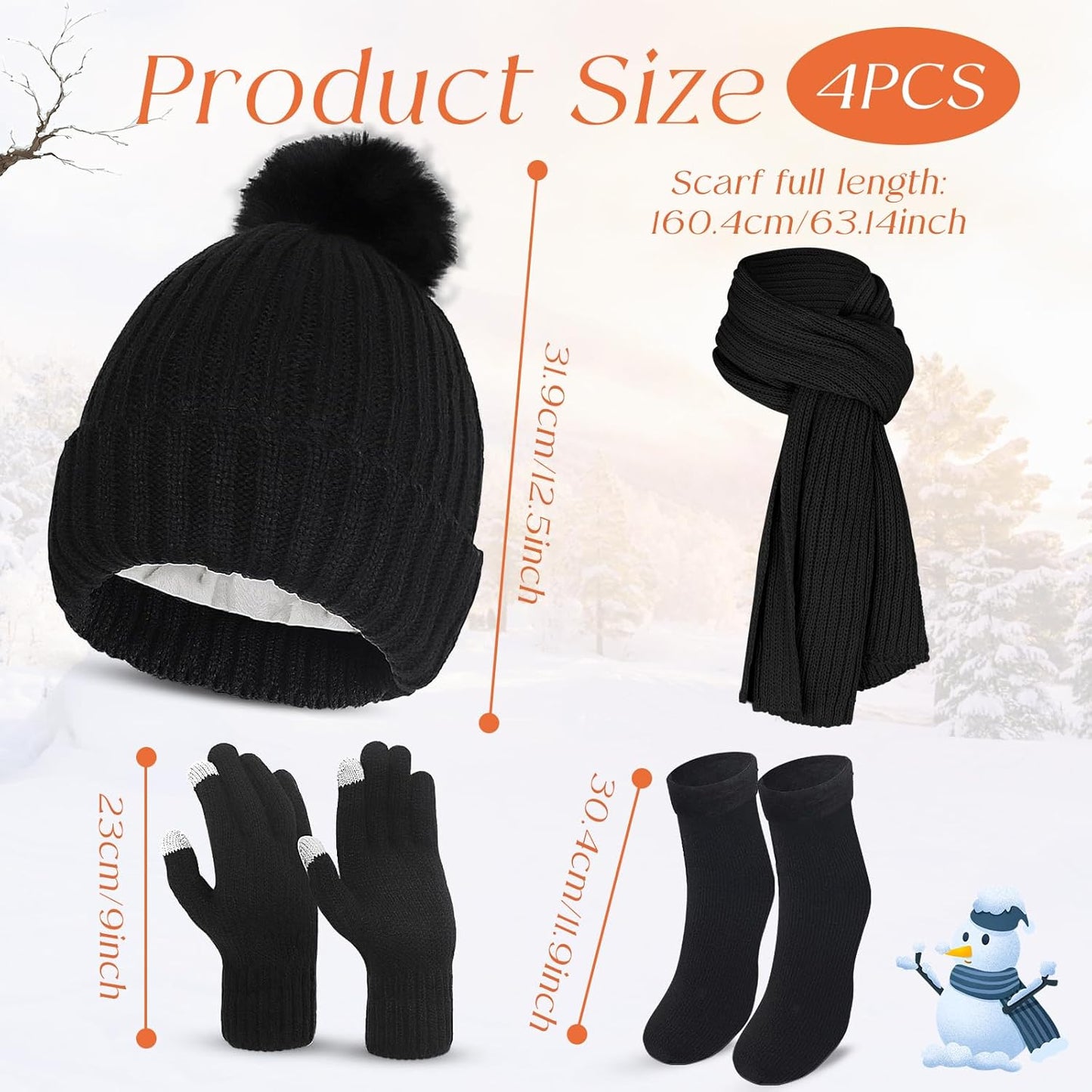 4PCS Winter Beanie Hat Scarf Gloves Set, Pink Black Grey Beige Warm Long Scarf Beanie Hat Thermal Socks Touch Screen Gloves, Winter Thick Set for Women Skiing Outdoor Sports