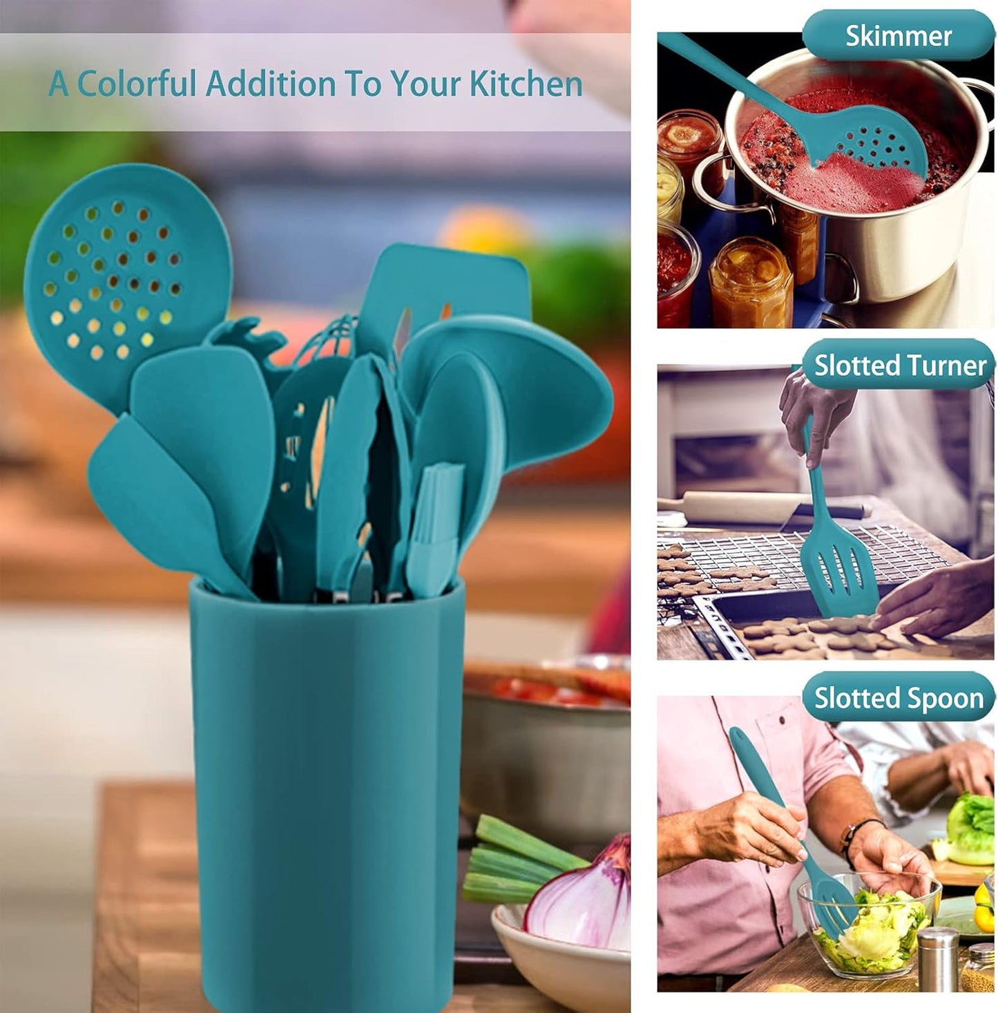 Silicone Kitchen Utensil Set,  12 Piece Cooking Utensils with Holder, Heat Resistant Kitchen Tools Spatulas Set for Cooking Baking Mixing, Safe for Non Stick Cookware (Dark Blue)
