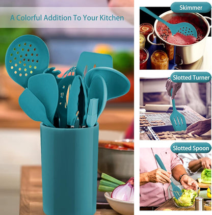 Silicone Kitchen Utensil Set,  12 Piece Cooking Utensils with Holder, Heat Resistant Kitchen Tools Spatulas Set for Cooking Baking Mixing, Safe for Non Stick Cookware (Dark Blue)