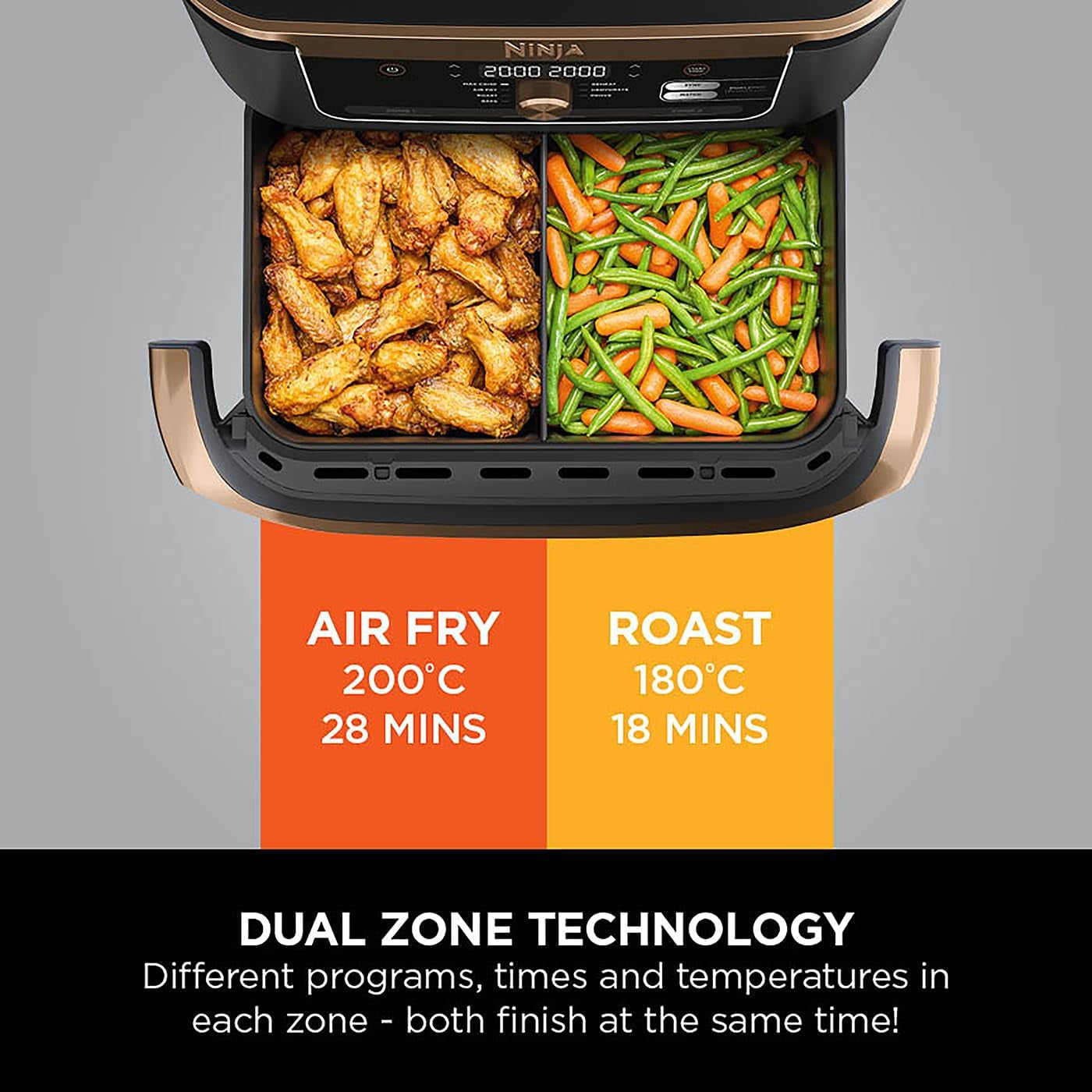 Foodi Flexdrawer Air Fryer, Dual Zone with Removable Divider, Large 10.4L Drawer, 7-In-1, Air-Fryer, Air Fry, Roast, Bake, Crisp, Non-Stick Dishwasher Safe Parts, Black and Copper, AF500UKCP