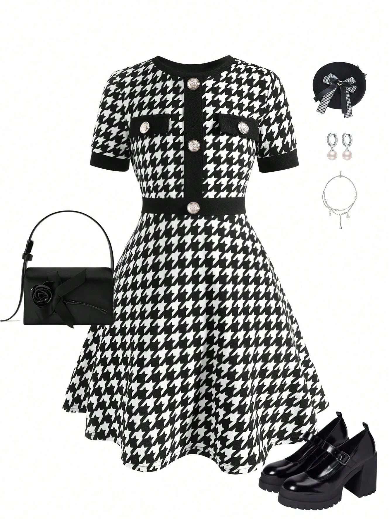 Tween Girls' Houndstooth Print Patchwork A-Line Dress with Button Detail, Elegant Schoolgirl Style for Back to School and Casual Wear