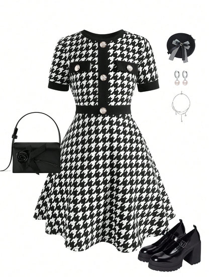 Tween Girls' Houndstooth Print Patchwork A-Line Dress with Button Detail, Elegant Schoolgirl Style for Back to School and Casual Wear