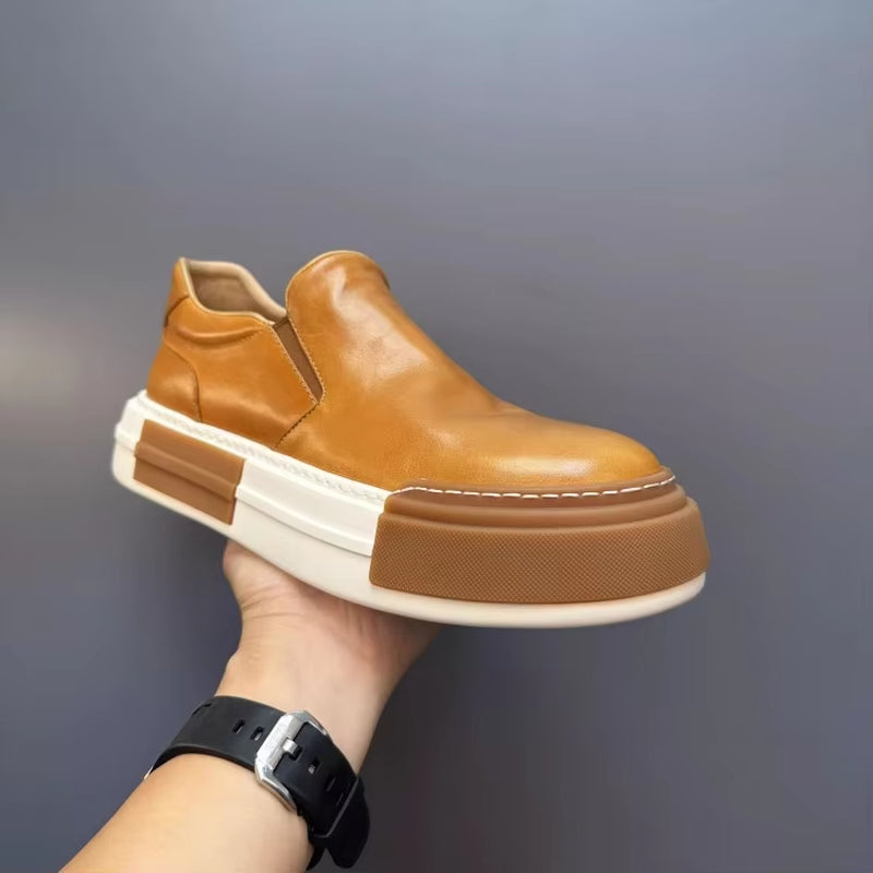 Vintage Men High Quality Horsehide Genuine Leather Slip on Loafers Thick Platform Low Cut Casual Shoes Autumn outside Sneakers