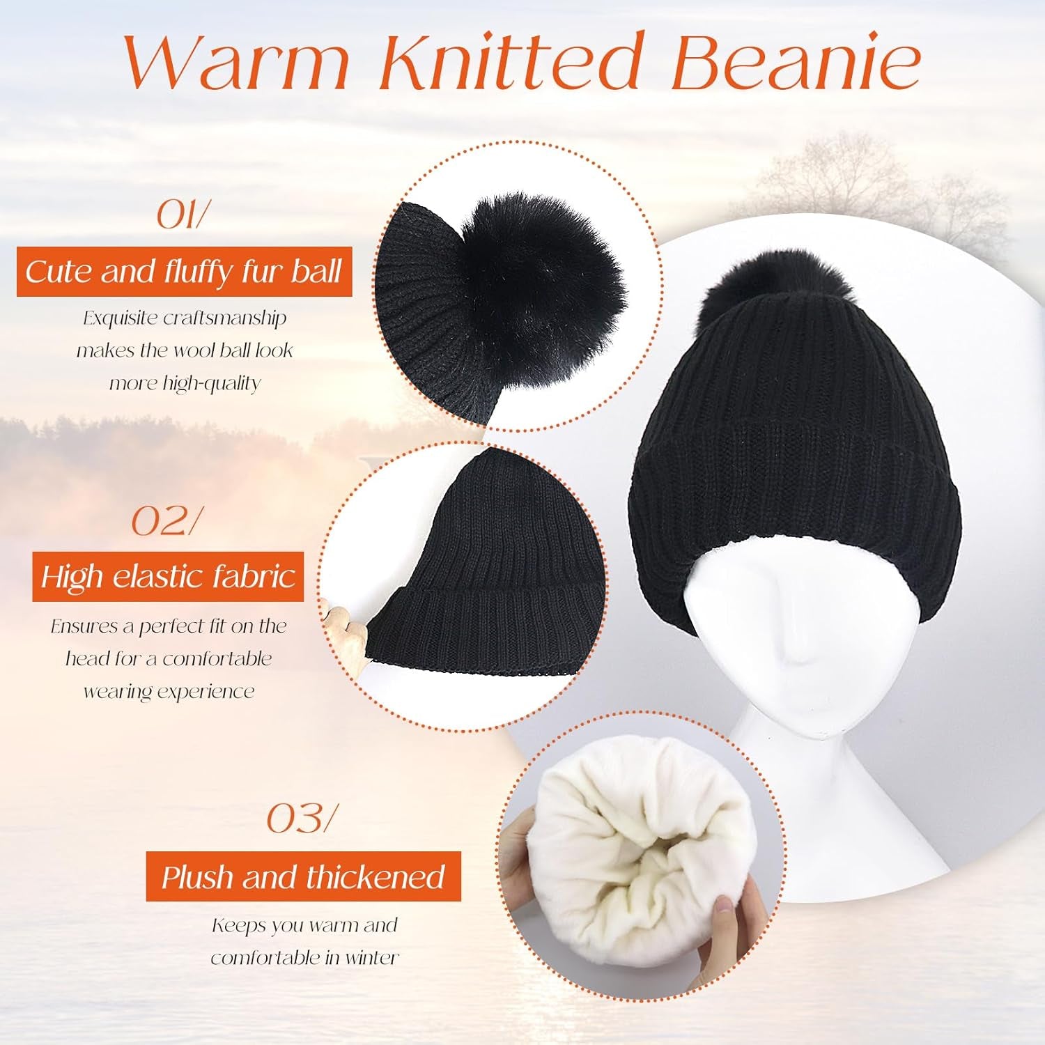 4PCS Winter Beanie Hat Scarf Gloves Set, Pink Black Grey Beige Warm Long Scarf Beanie Hat Thermal Socks Touch Screen Gloves, Winter Thick Set for Women Skiing Outdoor Sports