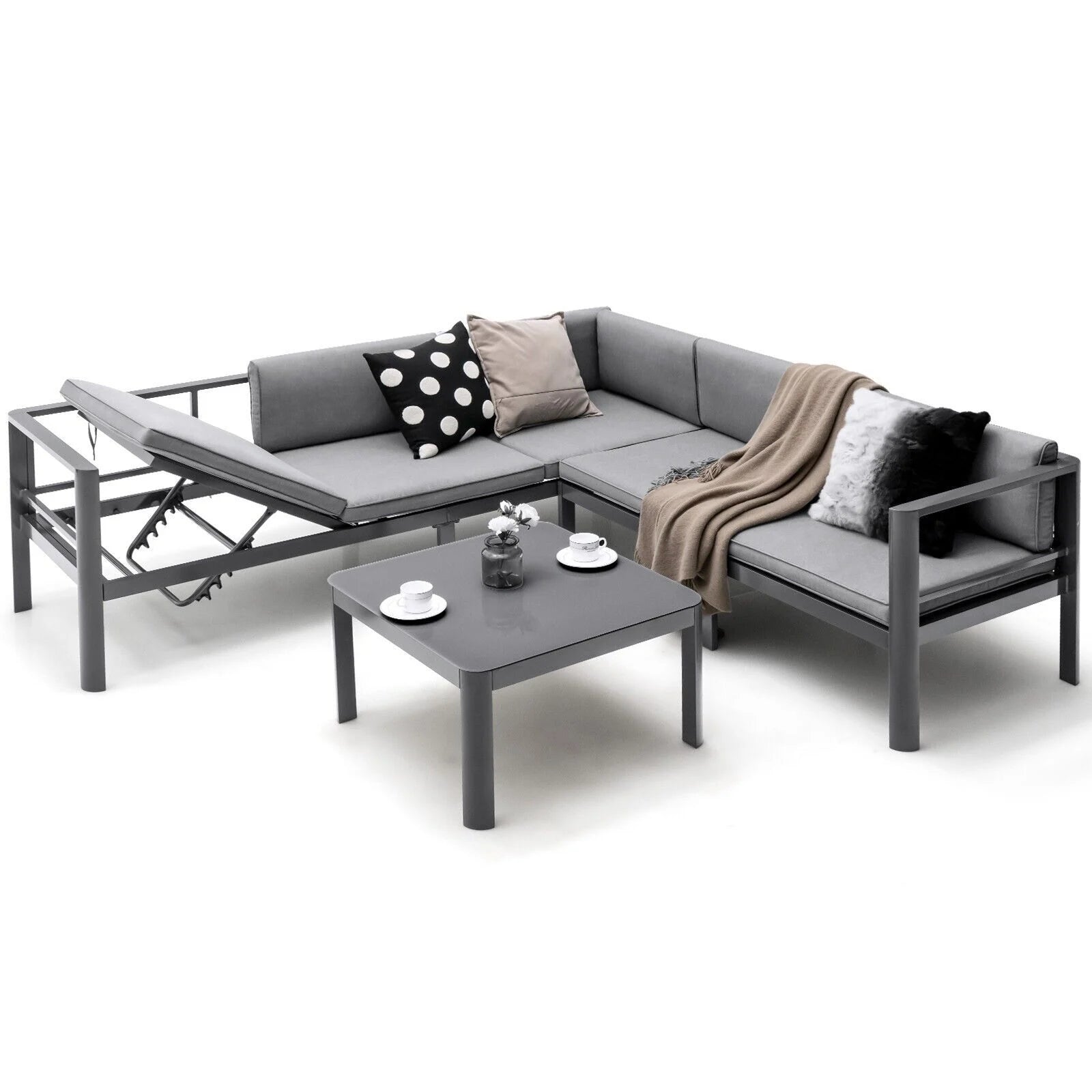 Aluminum Patio Sofa Set with Adjustable 6-Level Reclining Backrest - 3-Piece Ensemble