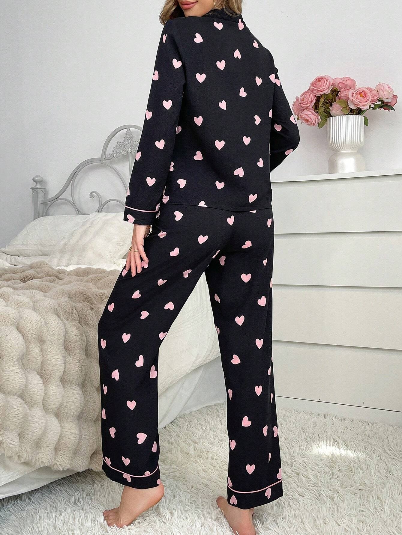 Contrast Color Trim Collared Cardigan & Heart Bubble Wrinkled Women Pajama Set