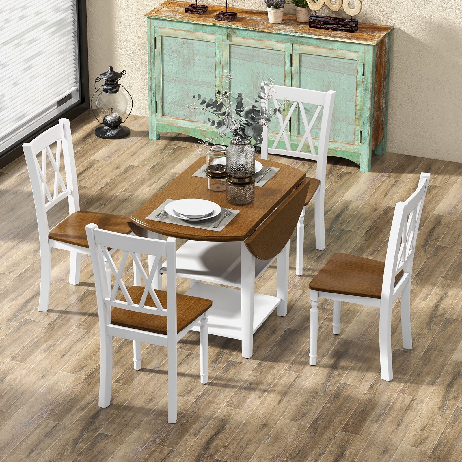 Elegant Extendable Dining Table Set with 2-Tier Storage Shelf - Complete 5-Piece Collection for Modern Dining Spaces