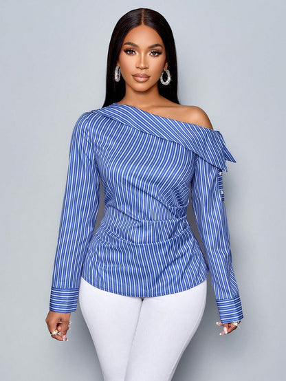 SOLERSUN Women'S Casual Blue Blouse with Long Sleeve, Asymmetrical Neck, Pleated Details, Turndown Collar, and Single-Breasted Closure, Random Floral Print One Shoulder Top